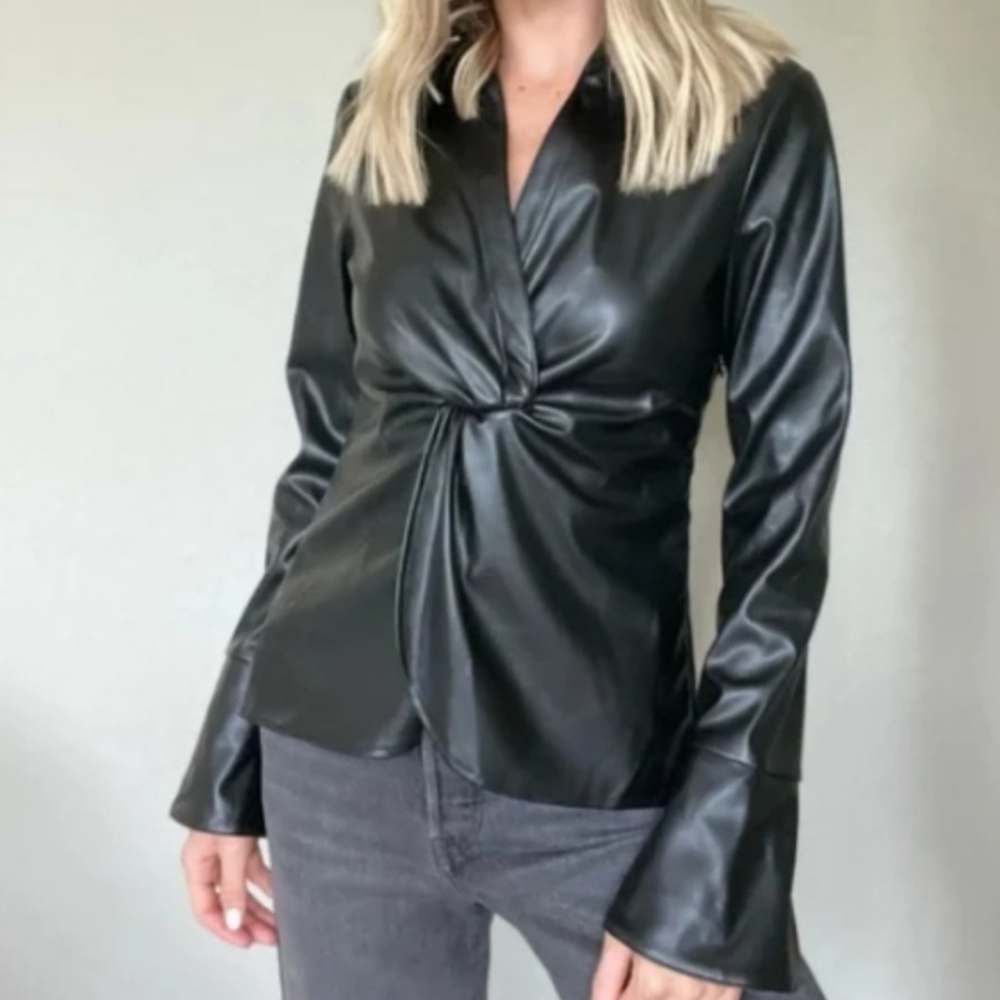 NWT Six Fifty Black Faux Leather Blouse Small
